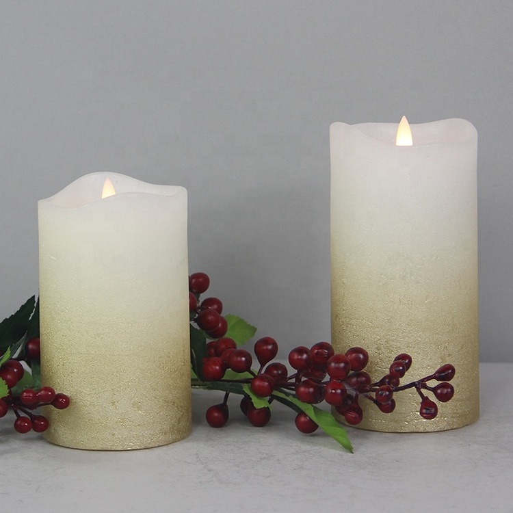 Home Decor Ivory Gold Distressed 3D Flame Flickering Pillar Christmas Led Flameless Candles