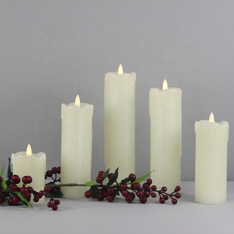 Set of 5 3D Real Flame LED Pillar Candles Dripping Paraffin Wax Flameless Candle with Remote Control