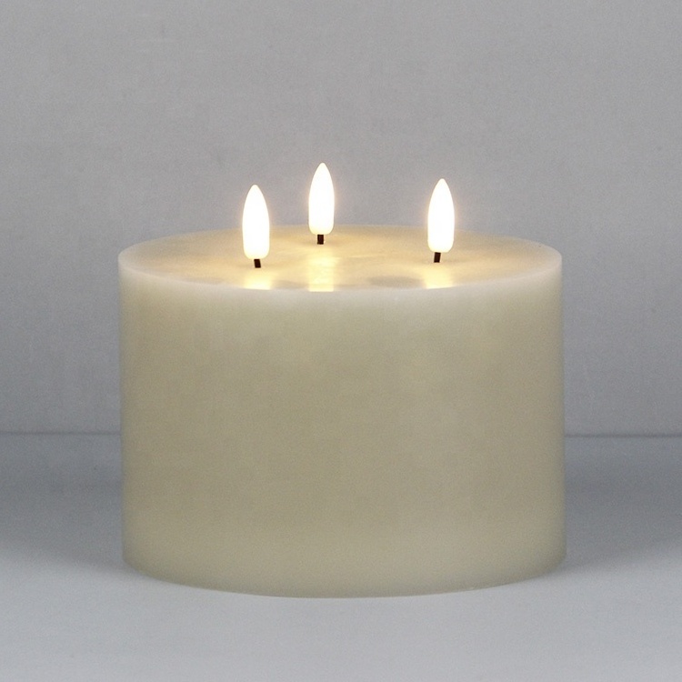 Custom Extra Large Paraffin Wax 3 Wicks Big Battery Flameless Pillar LED Candle with 3D Real Flame