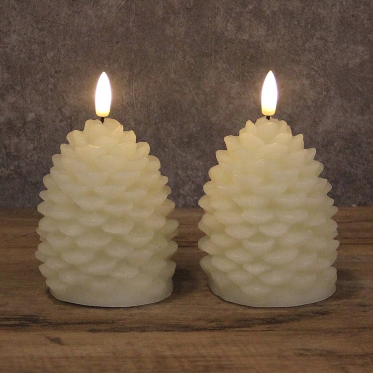 Christmas decorative Electric Custom Real Wax Pine Cone 3D Real Flame LED Light Candle With New Black Wick