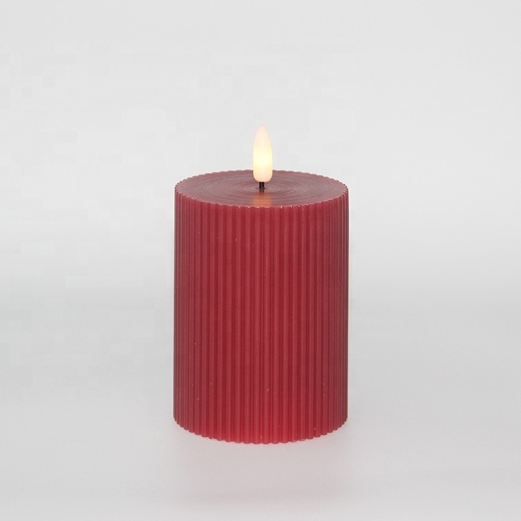 Set of 3 real wax red ribbed realistic pillar remote electric led candles for decor