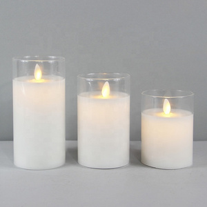 Wedding Decorative Set Of 3 White Pillar Real Wax Battery Operated Electric Clear Glass Flameless LED Candles With Moving Flame