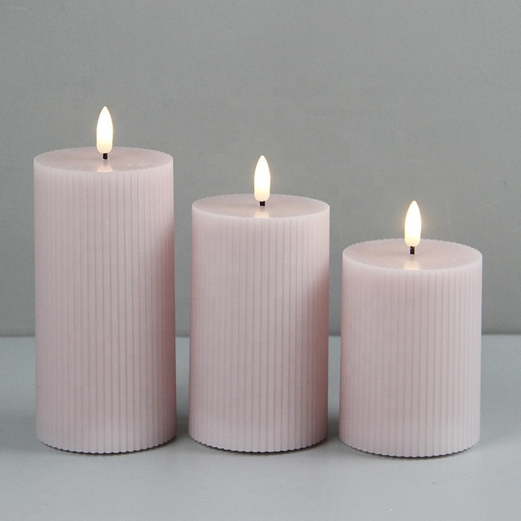 Wedding Real wax ivory ribbed 3d flickering flameless candles with remote