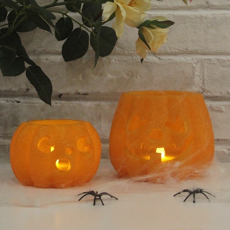 Home Decor Jack O Lantern Pumpkin Shaped Amber Flickering Unscented Wax Battery Operated Halloween LED Candle