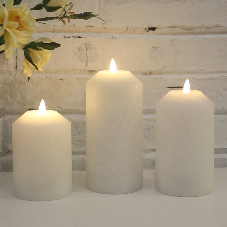 Wedding Decor 3 Pack White New Design Pillar Candles With Black Wick Battery Flameless LED Wax Candles