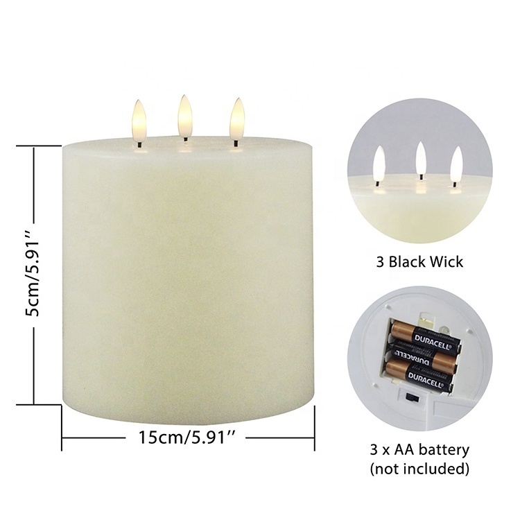 Home Decor Ivory Flickering Realistic 3 Wicks Pillar Flameless 3D Real Flame Electric Large LED Battery Operated Candles