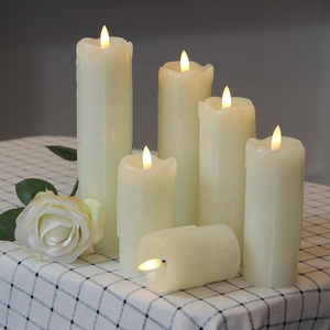 Home Decoration Pillar Ivory Paraffin Wax Flameless Flickering Battery Small Wax LED Candles with 3D Real Flame