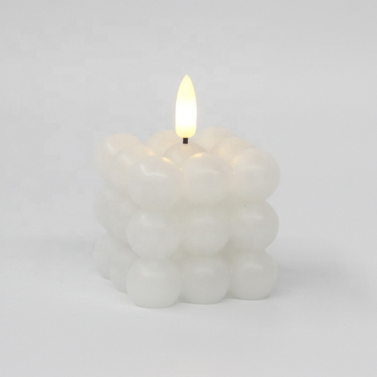 Decorative Paraffin Wax Mini Flameless White 3D Real Flame Bubble Cube LED Candle