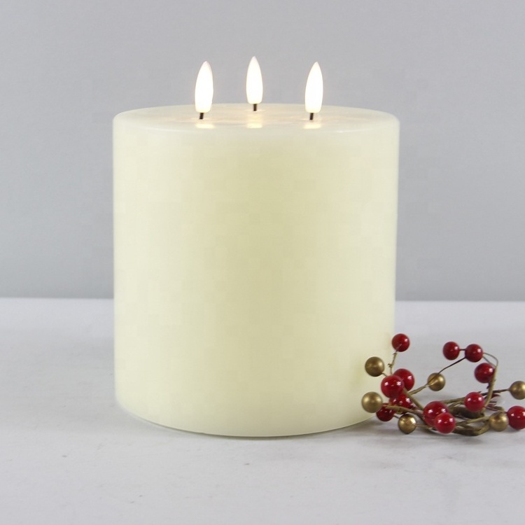 Home Decor Ivory Flickering Realistic 3 Wicks Pillar Flameless 3D Real Flame Electric Large LED Battery Operated Candles