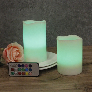 Set of 2 Real Wax Fake LED Pillar Color Changing Flameless Candles With Remote Control