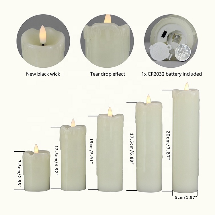 Set of 5 3D Real Flame LED Pillar Candles Dripping Paraffin Wax Flameless Candle with Remote Control