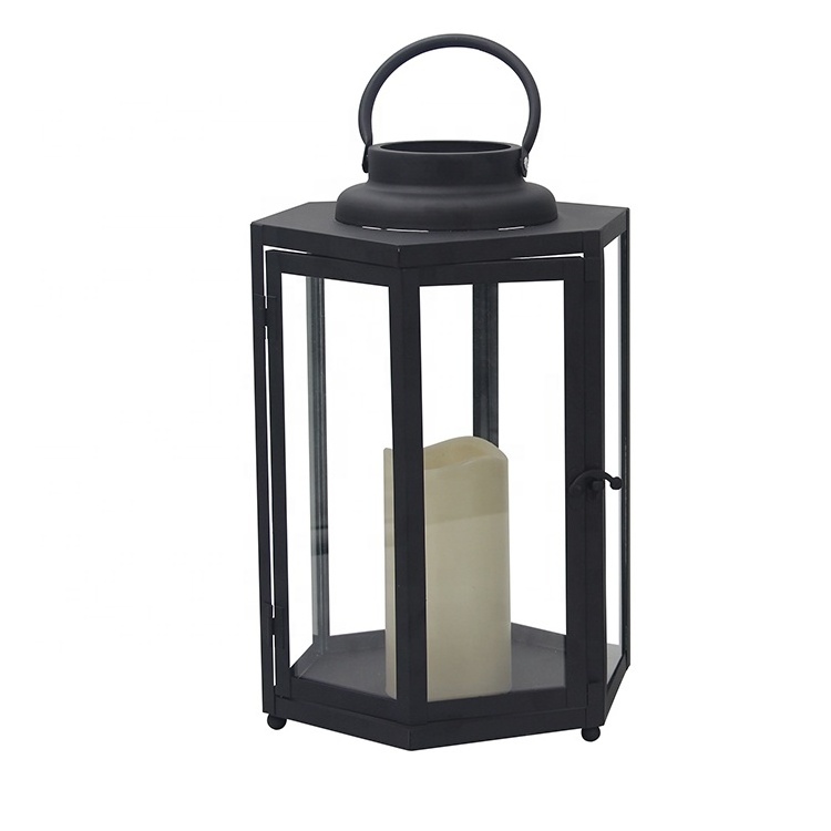 Black Geometric Battery Operated Modern Candle Holder Flameless LED Metal Candle Lantern for Indoor Decor