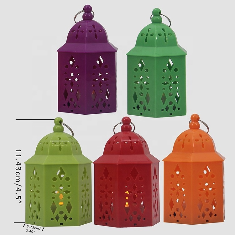 MINI COLORFUL PLASTIC MOROCCO LANTERN, LED TEA LIGHT INSIDE, AMBER FLICKERING LIGHT