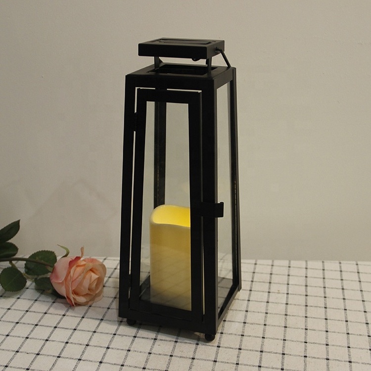 Black Metal Hanging Outdoor Waterproof Solar Powered Candle Lantern For Garden Decor