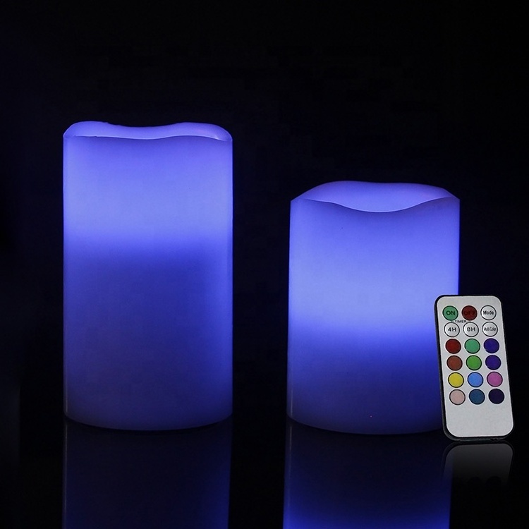 Set of 2 Real Wax Fake LED Pillar Color Changing Flameless Candles With Remote Control