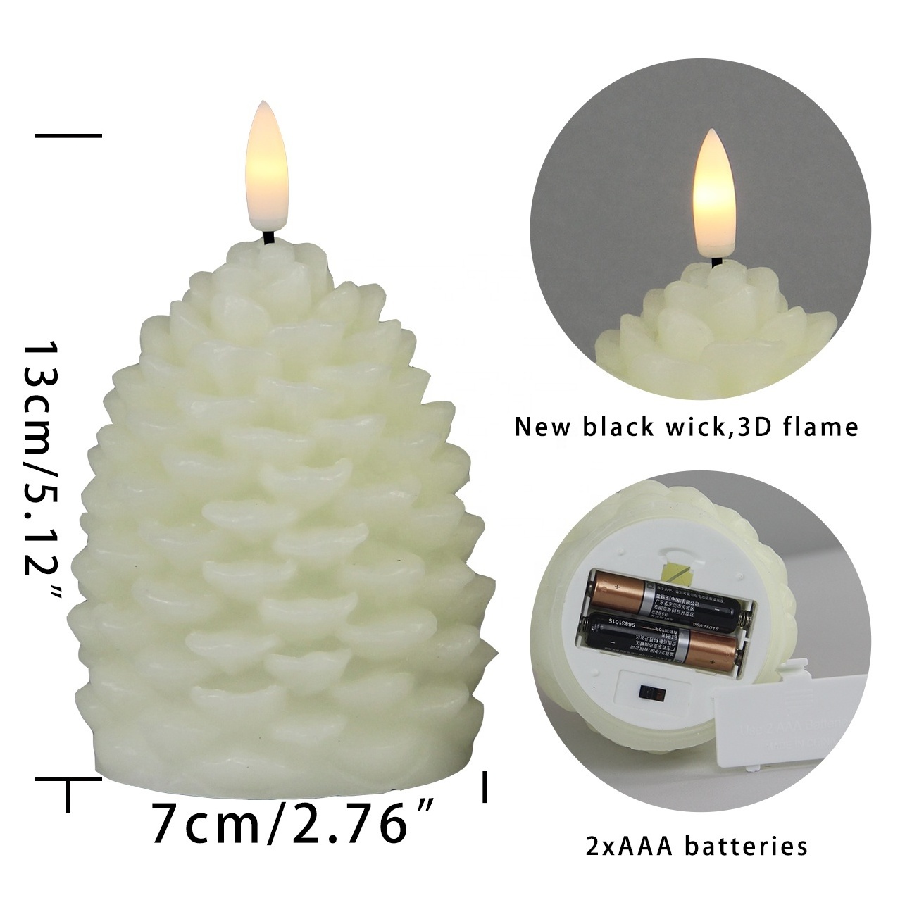 Christmas decorative Electric Custom Real Wax Pine Cone 3D Real Flame LED Light Candle With New Black Wick