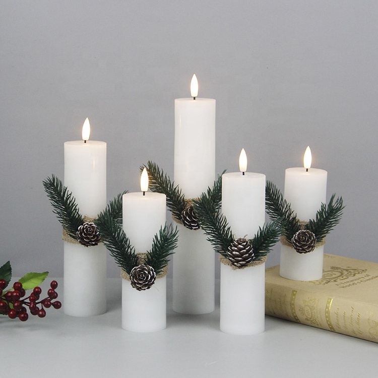 Elegant White Wax Ornament Flickering Slim Flameless Pillar Candle LED Light for the Wedding Decoration