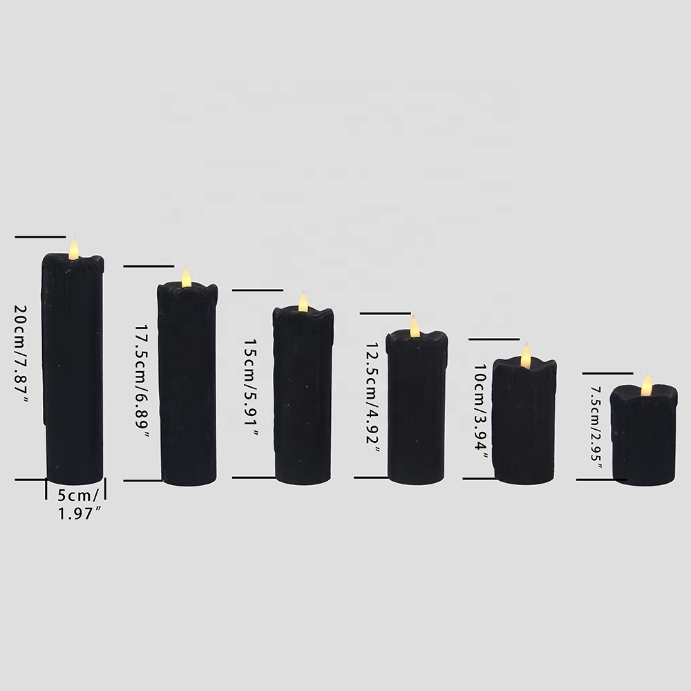 Set of 6 Real Wax Black Glitter Pillar Candles With New Black Wick Dripping Effect Battery Operated Flameless LED Candles