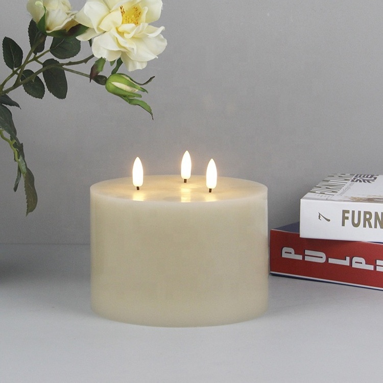 Custom Extra Large Paraffin Wax 3 Wicks Big Battery Flameless Pillar LED Candle with 3D Real Flame