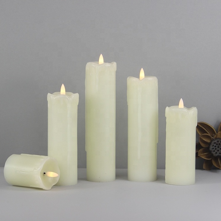 Set of 5 3D Real Flame LED Pillar Candles Dripping Paraffin Wax Flameless Candle with Remote Control