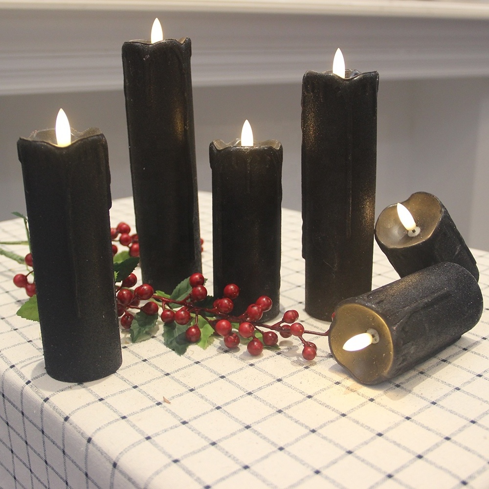 Set of 6 Real Wax Black Glitter Pillar Candles With New Black Wick Dripping Effect Battery Operated Flameless LED Candles