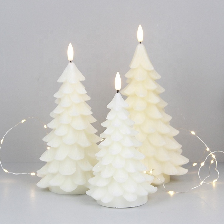 Set of 3 Real Wax Ivory Battery Powered Christmas Tree Flameless Candle Set with 3D Real Flame