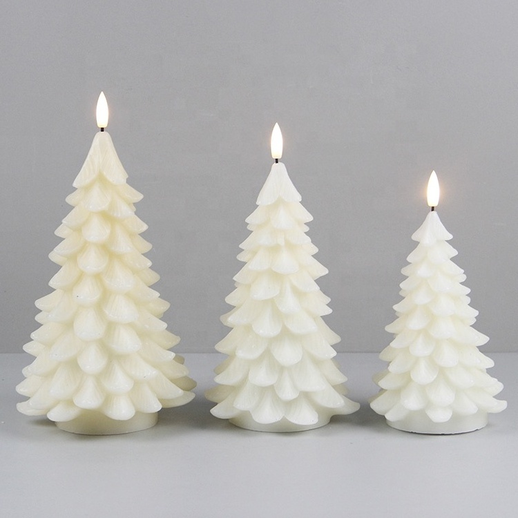 Set of 3 Real Wax Ivory Battery Powered Christmas Tree Flameless Candle Set with 3D Real Flame