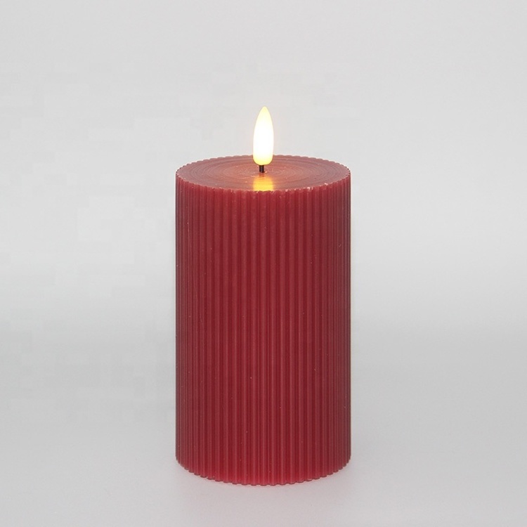 Set of 3 real wax red ribbed realistic pillar remote electric led candles for decor