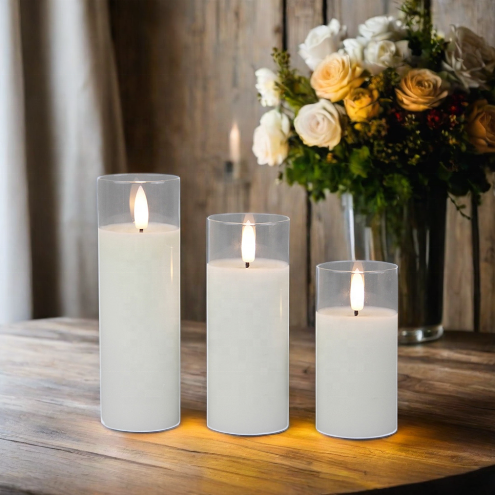 White Thin Pillar Bougie LED Vela Electric Flickering Flameless Glass Wax LED Candle For Wedding Home Decoration