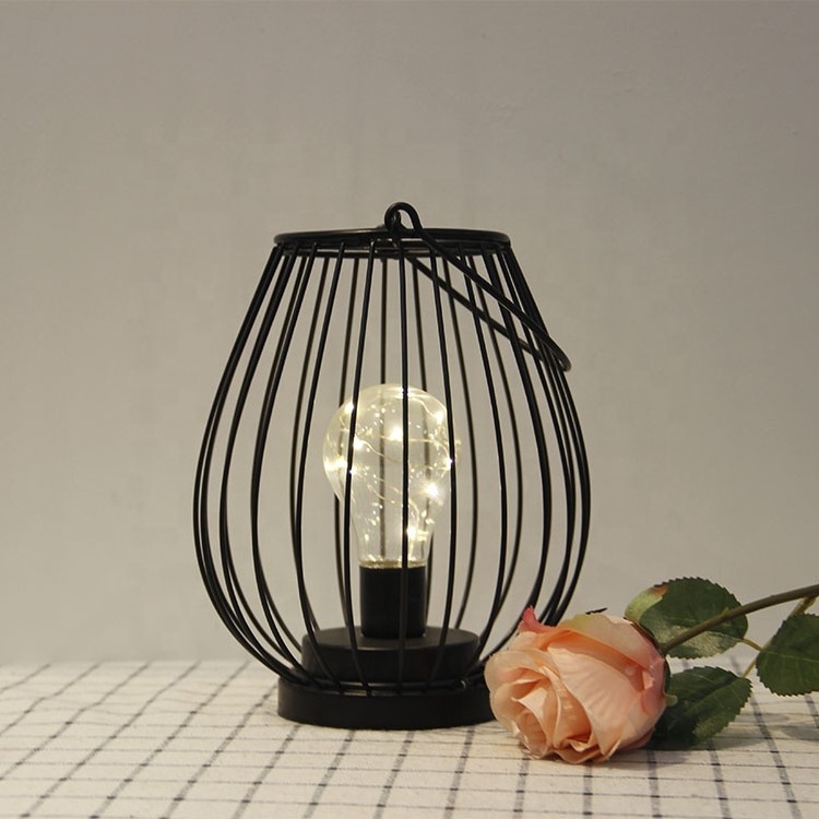 Concise Style House Decorative Black Metal Lantern with String Lights