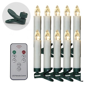 Set of 10 Remote Control Plastic Witchcraft Christmas Tree Decorative White LED Taper Light Candles 10 Pieces with Clip