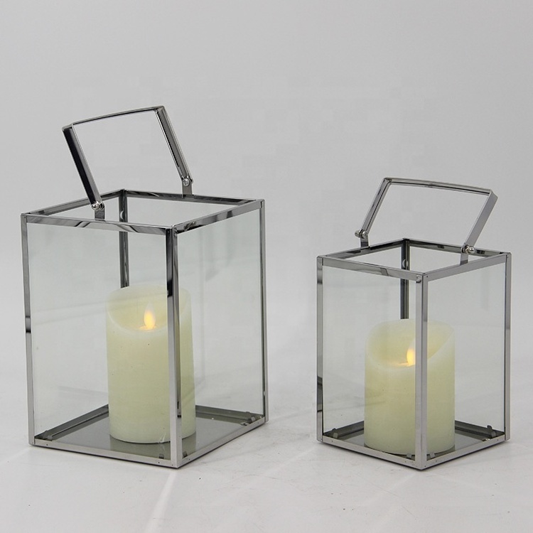 Silver hurricane Glass candle holder metal candle lantern for Home Decoration