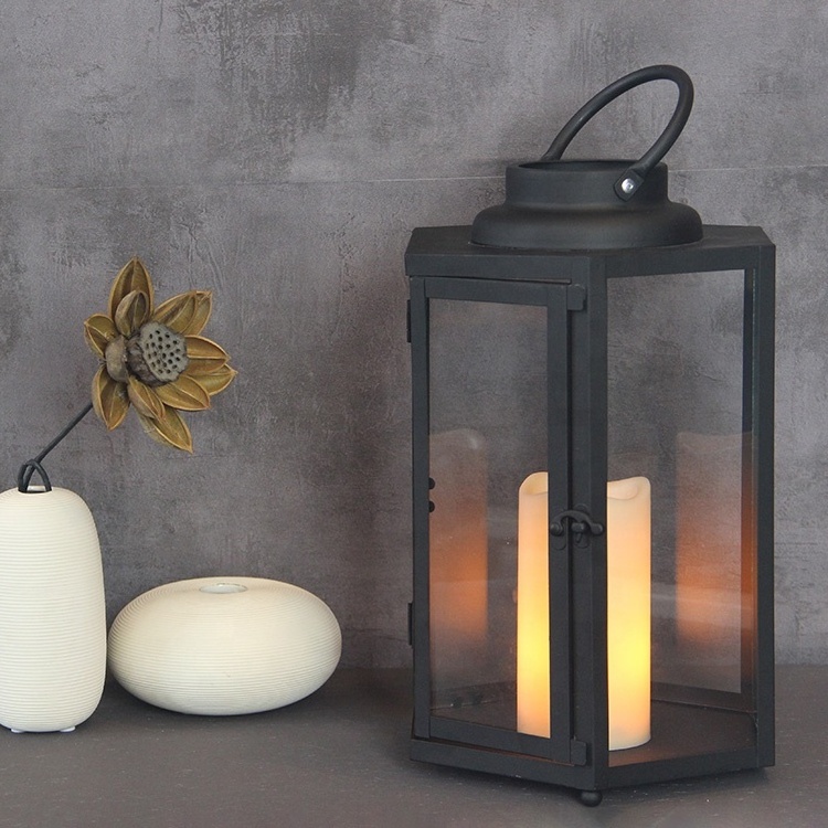 Black Geometric Battery Operated Modern Candle Holder Flameless LED Metal Candle Lantern for Indoor Decor