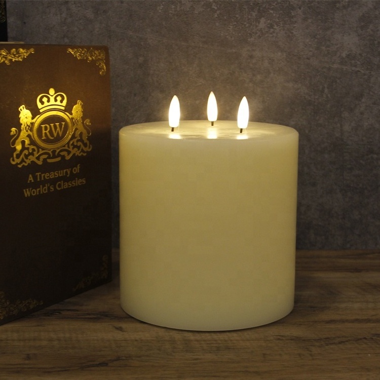 Home Decor Ivory Flickering Realistic 3 Wicks Pillar Flameless 3D Real Flame Electric Large LED Battery Operated Candles