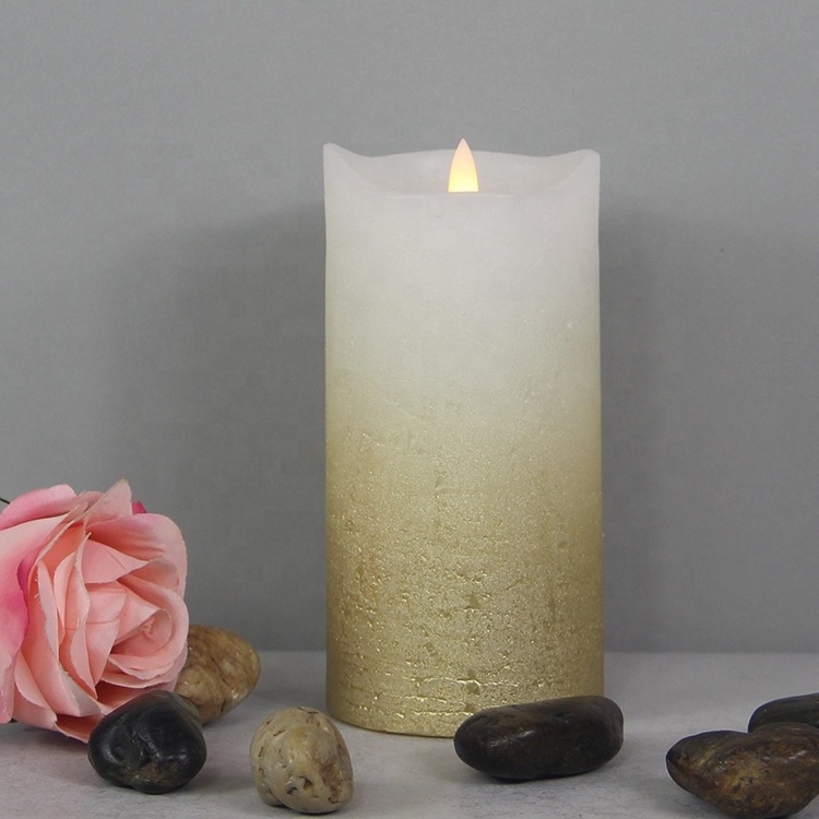 Home Decor Ivory Gold Distressed 3D Flame Flickering Pillar Christmas Led Flameless Candles