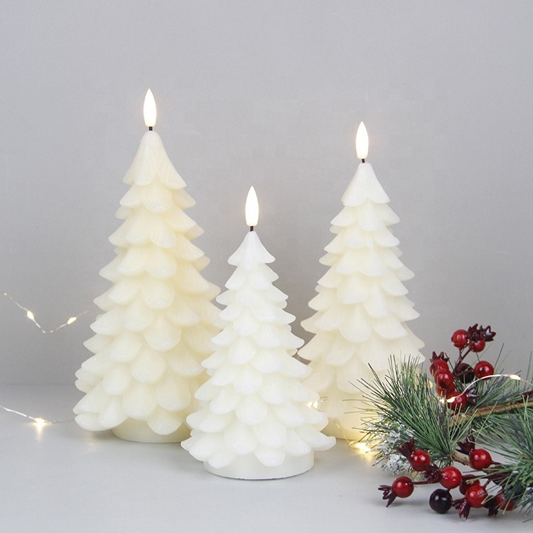 Set of 3 Real Wax Ivory Battery Powered Christmas Tree Flameless Candle Set with 3D Real Flame