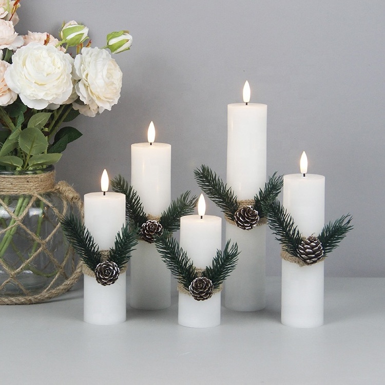 Elegant White Wax Ornament Flickering Slim Flameless Pillar Candle LED Light for the Wedding Decoration