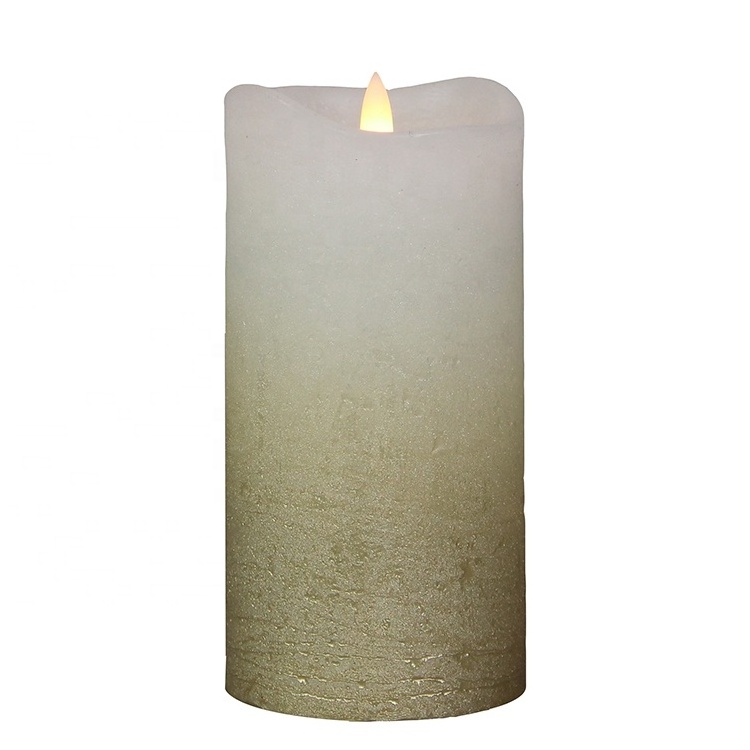 Home Decor Ivory Gold Distressed 3D Flame Flickering Pillar Christmas Led Flameless Candles