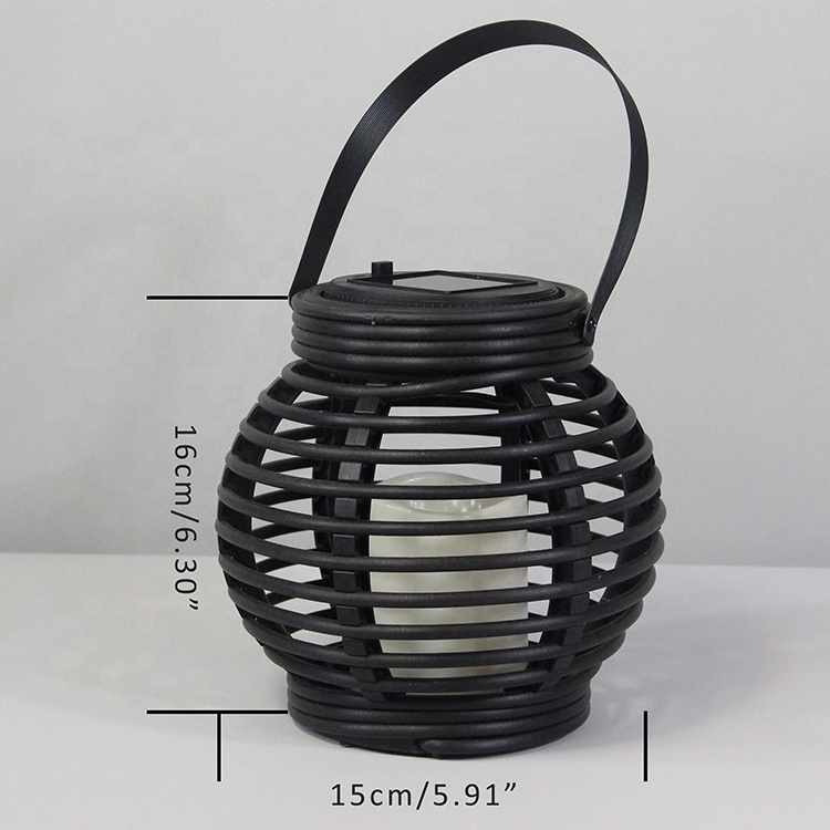 Garden black solar powered round rattan rechargeable LED candle solar lantern for outdoor decor