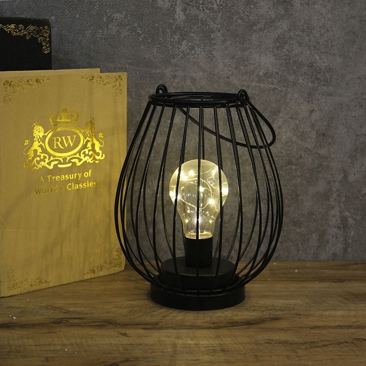 Concise Style House Decorative Black Metal Lantern with String Lights