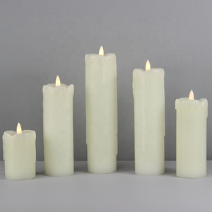 Set of 5 3D Real Flame LED Pillar Candles Dripping Paraffin Wax Flameless Candle with Remote Control