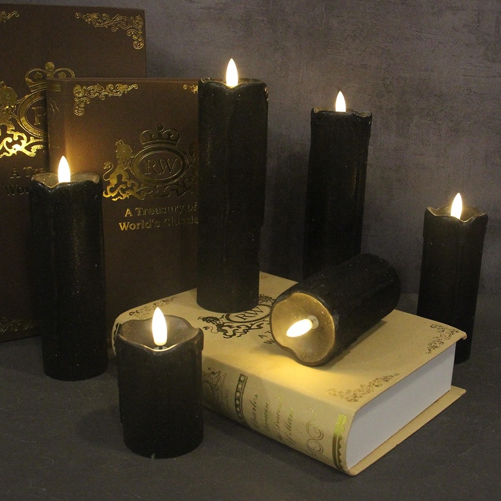 Set of 6 Real Wax Black Glitter Pillar Candles With New Black Wick Dripping Effect Battery Operated Flameless LED Candles