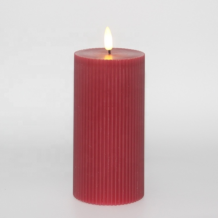 Set of 3 real wax red ribbed realistic pillar remote electric led candles for decor