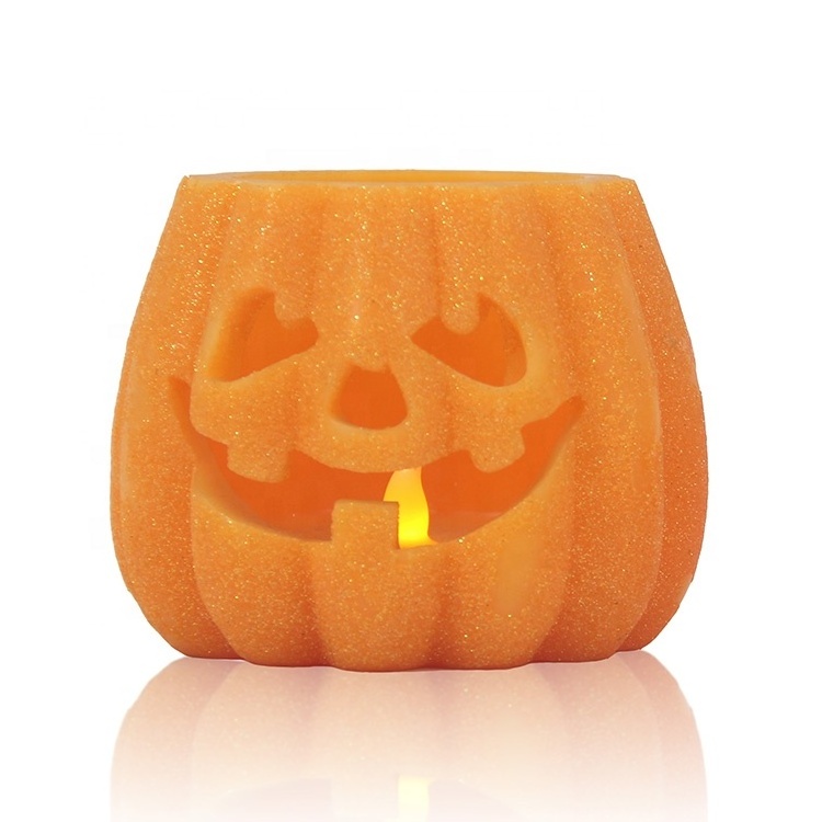 Home Decor Jack O Lantern Pumpkin Shaped Amber Flickering Unscented Wax Battery Operated Halloween LED Candle