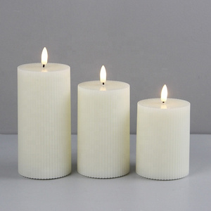 Wedding Real wax ivory ribbed 3d flickering flameless candles with remote