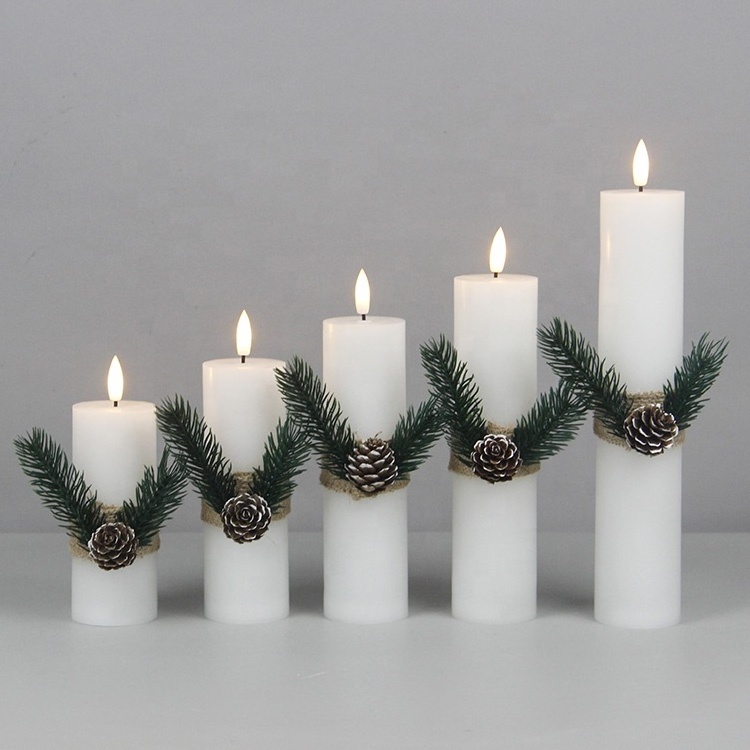 Elegant White Wax Ornament Flickering Slim Flameless Pillar Candle LED Light for the Wedding Decoration