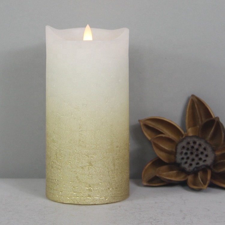 Home Decor Ivory Gold Distressed 3D Flame Flickering Pillar Christmas Led Flameless Candles