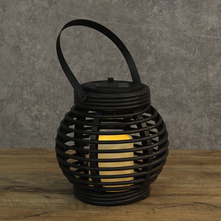 Garden black solar powered round rattan rechargeable LED candle solar lantern for outdoor decor