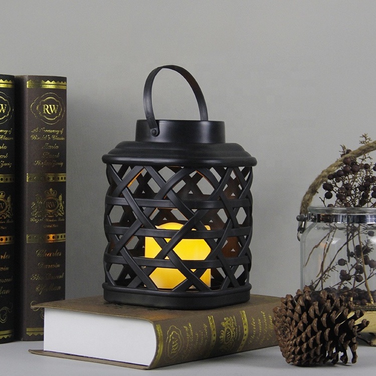 Wedding Decor Black Hollow Hanging Plastic Pillar Candle Holder Battery Operated Candle Lantern with LED Candle