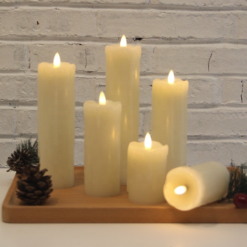 Home Decoration Pillar Ivory Paraffin Wax Flameless Flickering Battery Small Wax LED Candles with 3D Real Flame